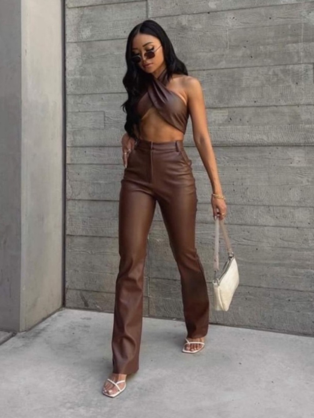 Meshki Faux Leather Straight Leg Pants In Chocolate - Picture 4 of 6